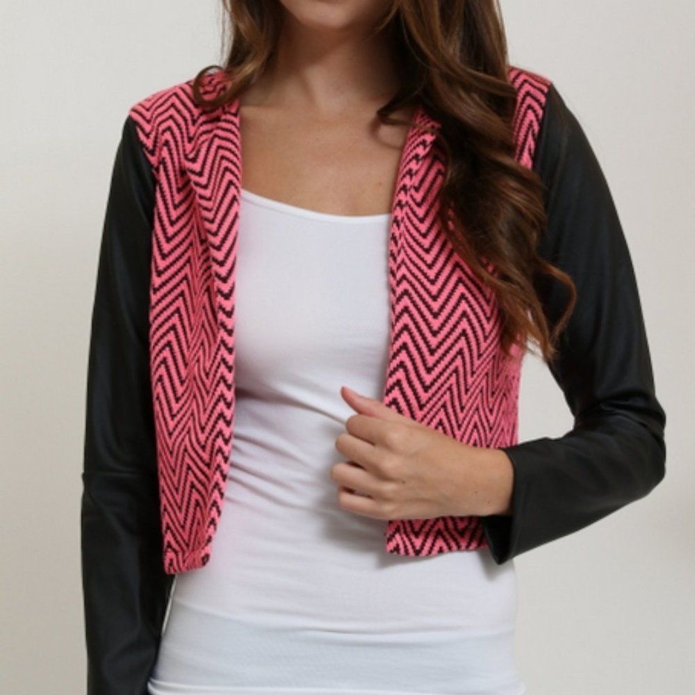 Fuschia Print Jacket w/ Faux leather sleeves - Picture 3 of 12
